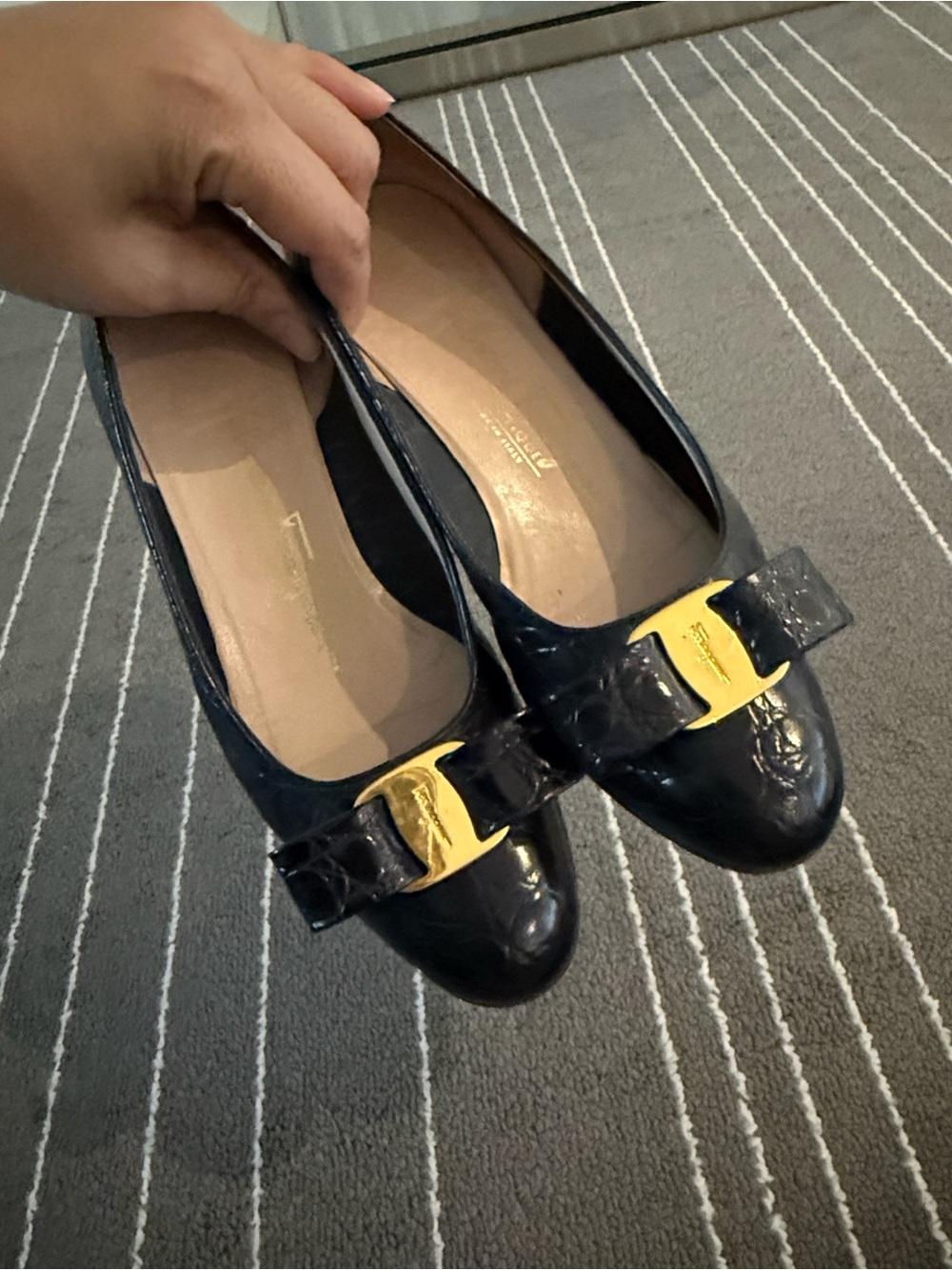 Salvatore Ferragamo Navy Croc-Embossed Varina Flats with Gold Plaque